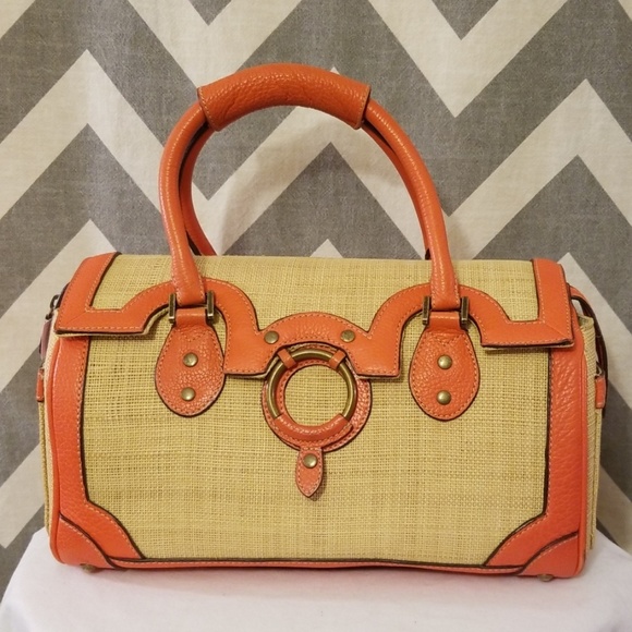 J. Crew Handbags - J. Crew raffia straw bag with orange leather trim